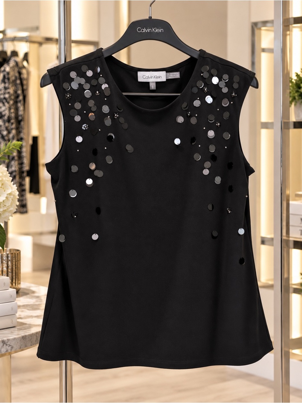 Calvin Klein Black Sequin Beaded Sleeveless Shell Blouse Top M - Picture 2 of 10